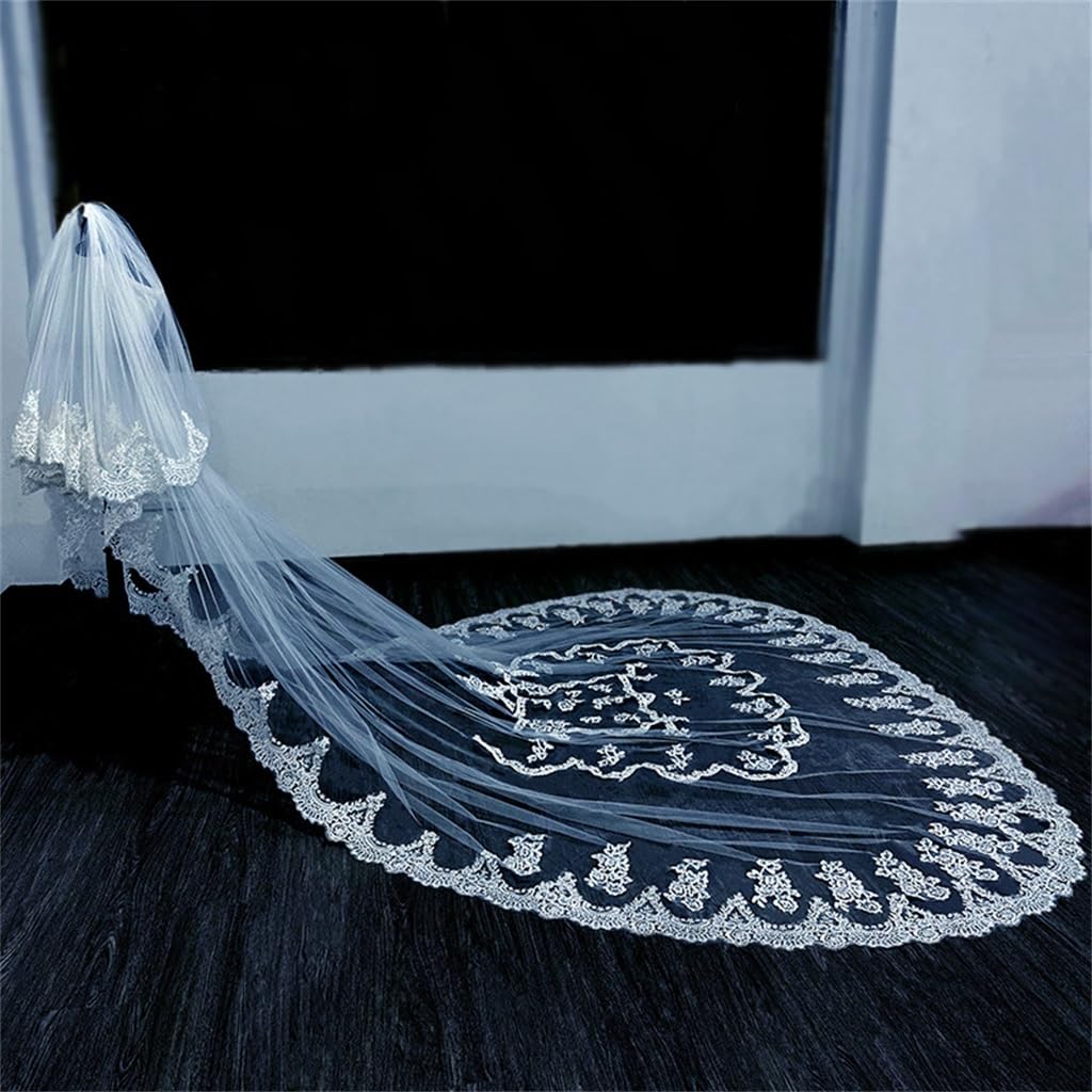 Stile Europeo di Copertura del Velo da Sposa con Coda Lunga in Pizzo e Accessori per Copricapo