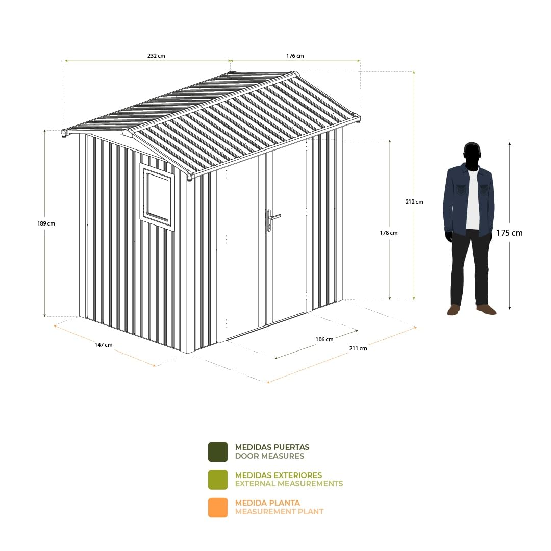 Gardiun Caseta Metálica Spree 4,1 m2 Exterior 232x176x212 cm de Acero con Ventana Lateral y Puerta Doble 106x178 cm