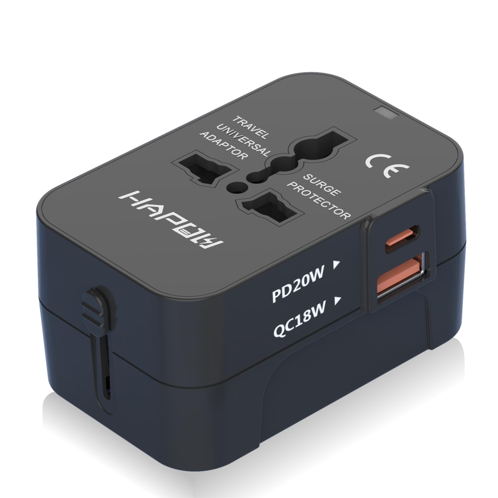 HAPOW Universal Travel Adapter - 1 USB-C & 1 USB-A Fast Charging Travel Charger, Worldwide Plug Adapter for EU UK USA AU, Black