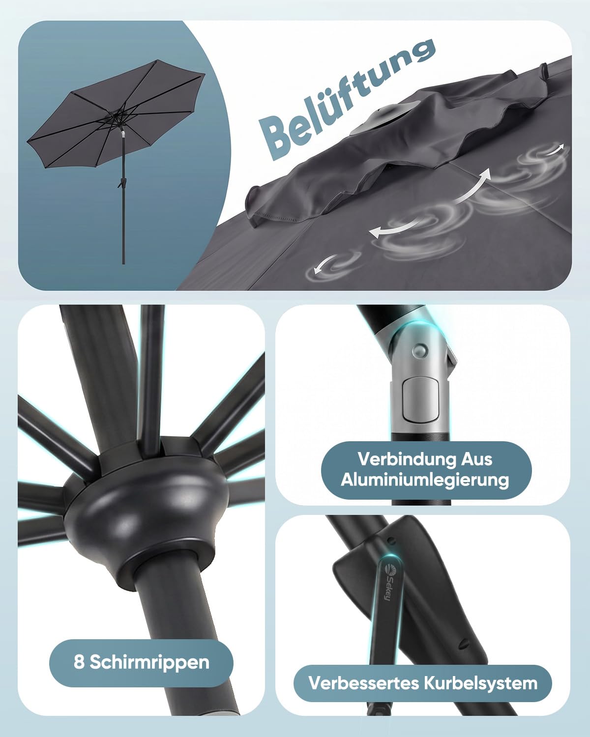 Sekey Alu-Sonnenschirm 300 cm mit Kurbel, Stoffgewicht 180 g/m², UV-Schutz 50+, unterer Mast 38 mm für Stabilität, leicht & langlebig, kippbar für Balkon, Garten & Terrasse