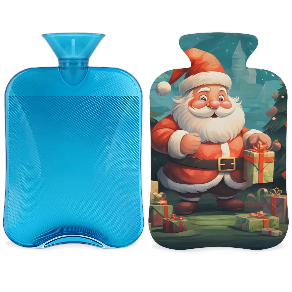 Hot Water Bottle with Soft Cover,2L Colorful Santa Claus Hot Water Bag for Hot and Cold Compress, Hand Feet Warmer, Graffiti Santa Claus Rubber Hot or Cold Water Bottle Halloween Christmas Decorations