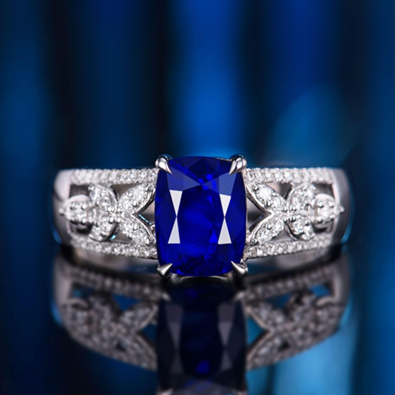 Obrączki ślubne damskie z białego złota 9Kt / 14Kt / 18Kt, puste i 4 szczęki prostokątne szafir 2,19ct i diament, obrączki ślubne w kolorze srebrno-niebieskim, dla kobiet