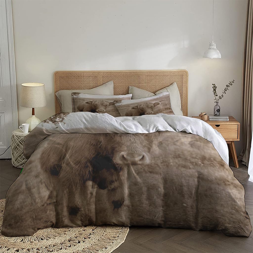 NIBAINLO 布団カバースコットランドのハイランド牛 肌に優しい ピーチスキン加工 掛け布団カバー 和式 洋式 あったか 布団カバーセット リバーシブル ホームステイ ホテル 家庭兼用