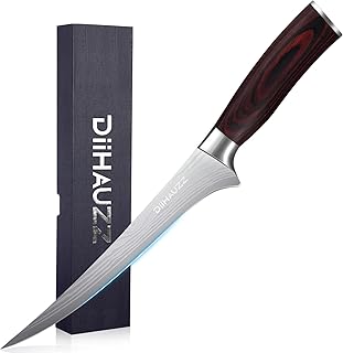 Fillet Knife 7 Inch, Razor Sharp Boning Knife High Carbon Stainless Steel for Fish Meat Poultry Cutting, Japanese Style Fish Knives with Flexible Ergonomic Pakkawood Handle and Sheath