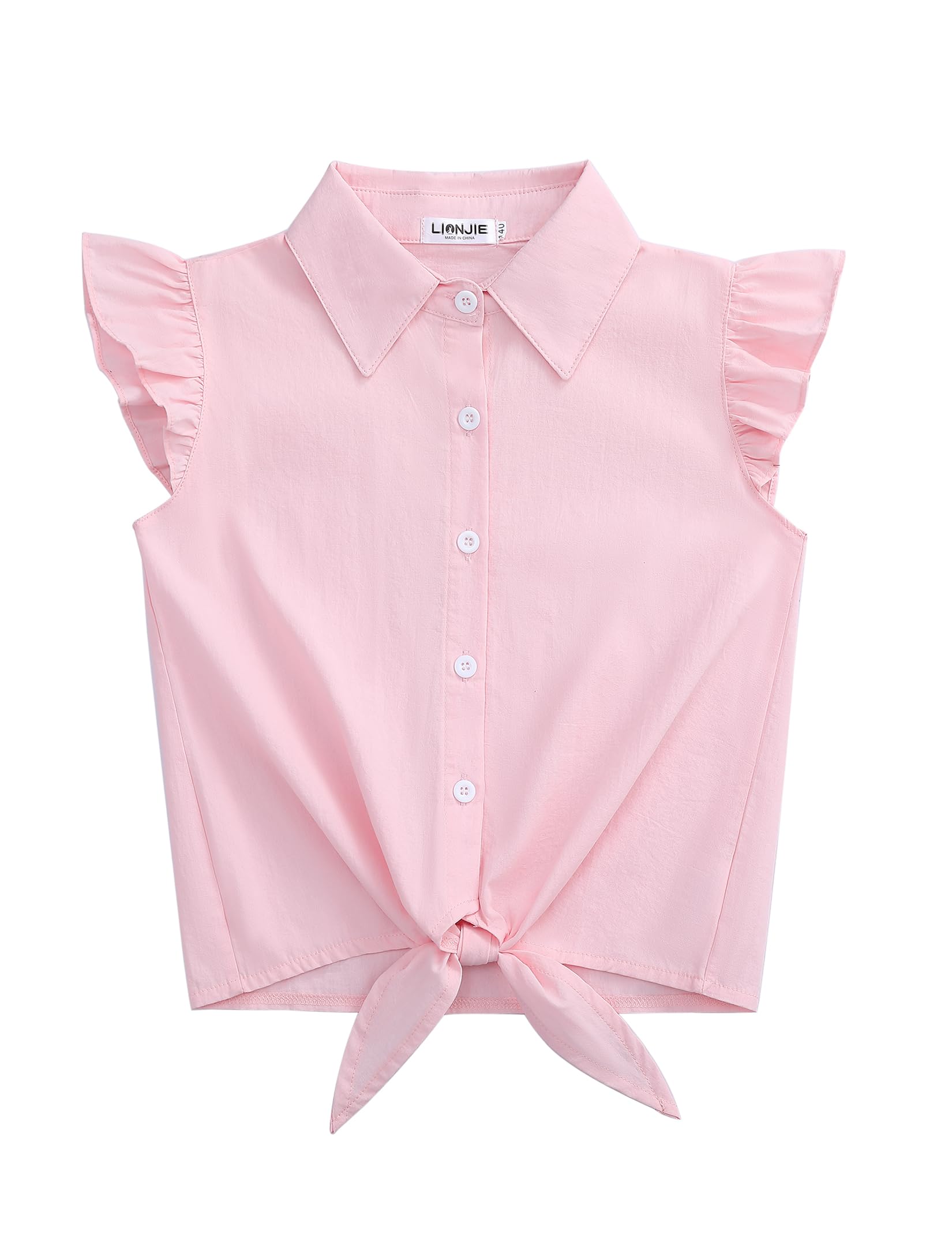 Girls Sleeveless Plaid Button Down Shirt Summer Crop Tops Tie Knot Ruffle Sleeve Shirt Blouse 3-12Y