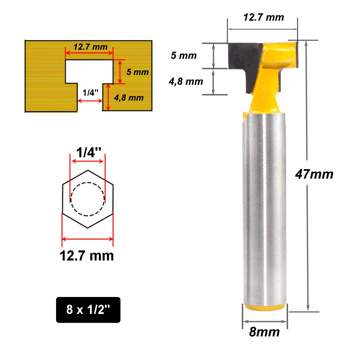 Saipor, 3 pezzi, set di punte per frese a T, 8 mm, con fusto da 8 mm, punte per fresa a T, fresatrice verticale per la lavorazione del legno (8 x 5/16 | Leroy Merlin