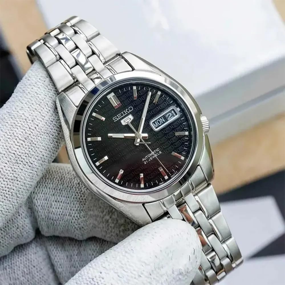 Seiko - SNK361K1-5 - Męski zegarek - automatyczny analogowy - czarna tarcza - szary pasek stalowy, Czarny/Szary, Klasyczny