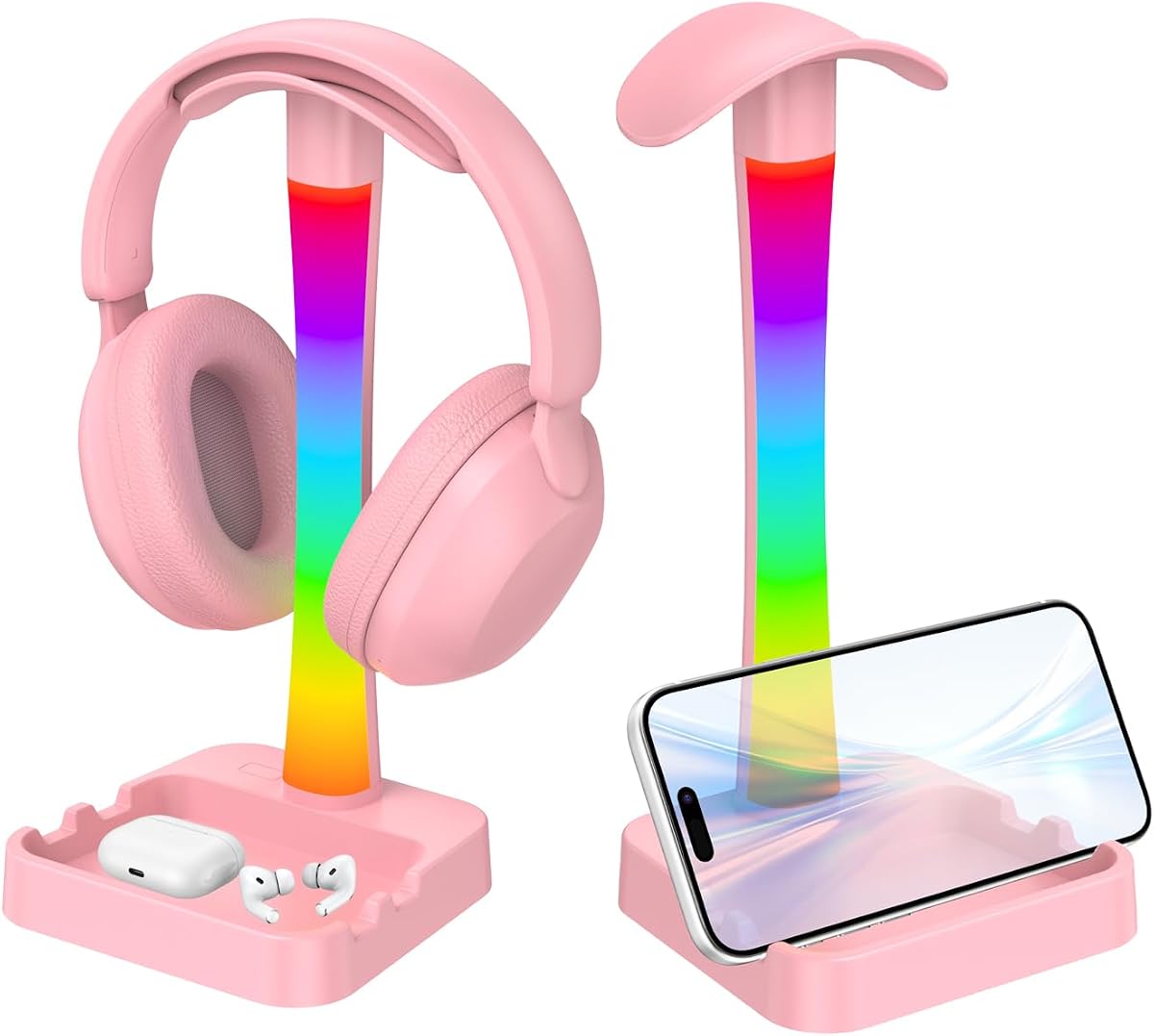 Soporte para auriculares con cargador, soporte para auriculares para juegos con modo de luz RGB, para soporte Airpod Max, lámpara de escritorio, soporte para teléfono, soporte para tableta, organizador de escritorio, regalos para jugadores y amantes de la música (rosa)