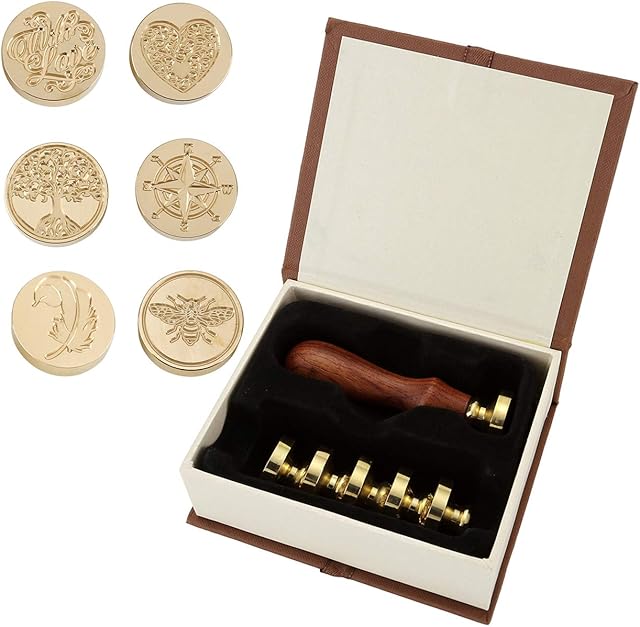Mogoko Retro Wax Sealing Stamps Set, 1 Piece Wooden Handle and 6 Pieces Removable Sealing Copper Head, Vintage Classical Fancy Seal Stamp Kit with Gift Box