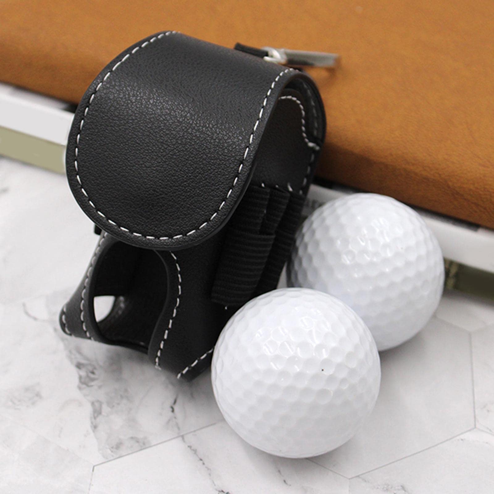 Pochette porte-balle de golf en cuir noir - Étui ceinture pour 2 balles et 4 tees