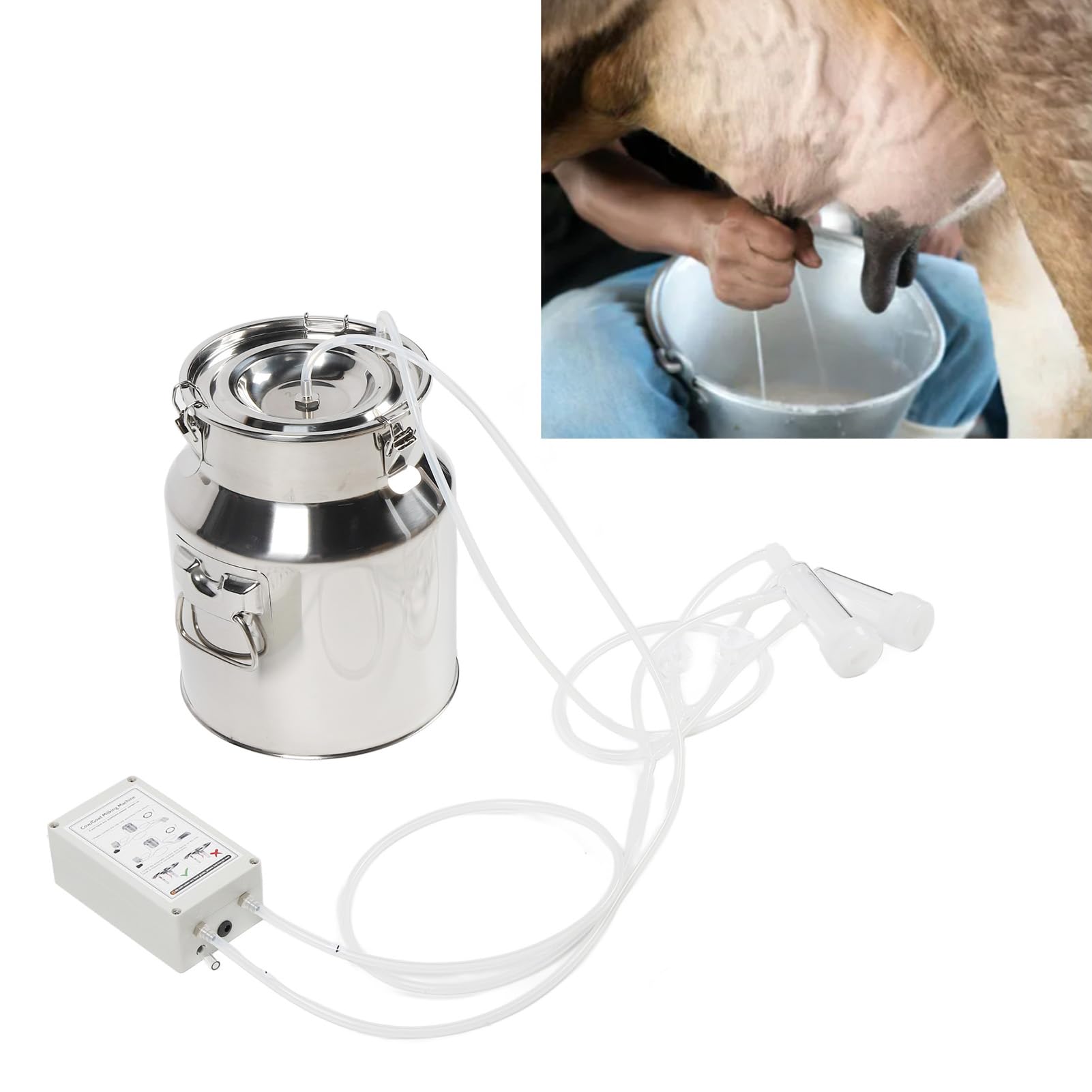 Machine à Traire électrique pour Chèvre, Pompe à Vide à Pulsation Automatique Alimentée par Batterie Rechargeable de 14 L avec 2 Gobelets Trayeurs, Seau en Acier Inoxydable,