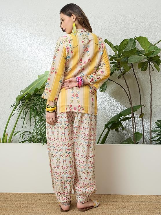 Image of EthnicJunction Women's Linen Floral Print Summer Wear Straight Short Kurti with Afghani Pant Set | Co Ord Set for Women Stylish | Fusion wear Women