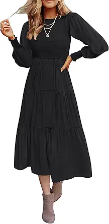 ZESICA Women's 2023 Casual Long Sleeve Crew Neck High Waist Smocked Flowy Tiered Midi Dress