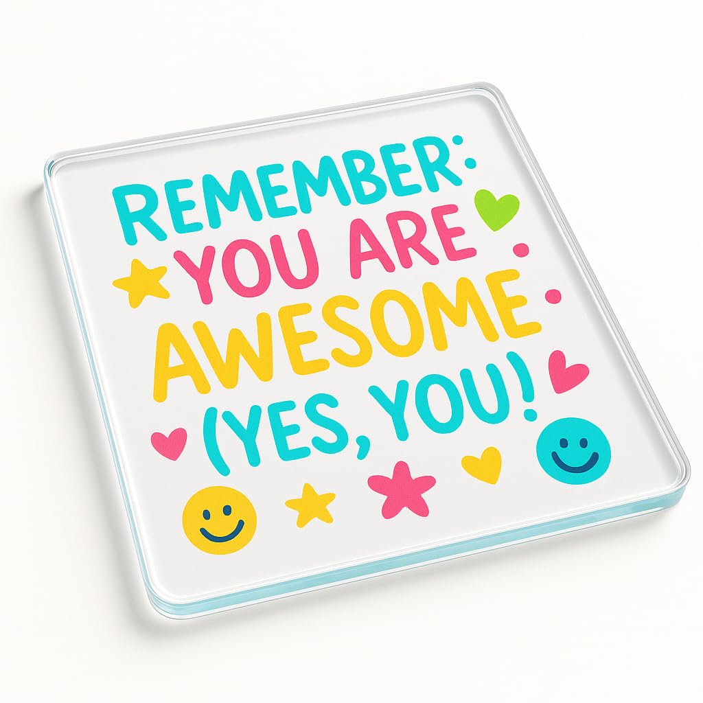 The Plum Penguin Bright Vibe Boost Acrylic Coaster Gift - Vibrant Cheerful Brunch Decor Present With Playful Handwritten Design
