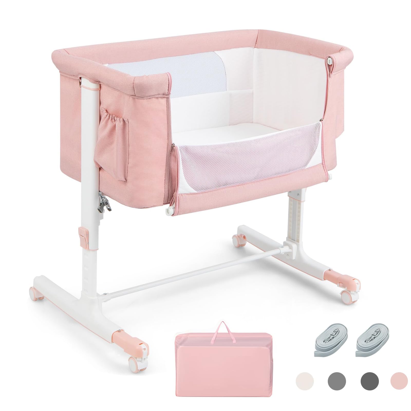 RELAX4LIFE 3 en 1 Cuna Colecho con 5 Alturas Ajustables, Ruedas Bloqueables, Colchón y Correa de Sujeción, Cuna Bebe con Bolsillo Portaobjetos y Bolsa de Transporte para Bebés 0-6 Meses (Rosa)