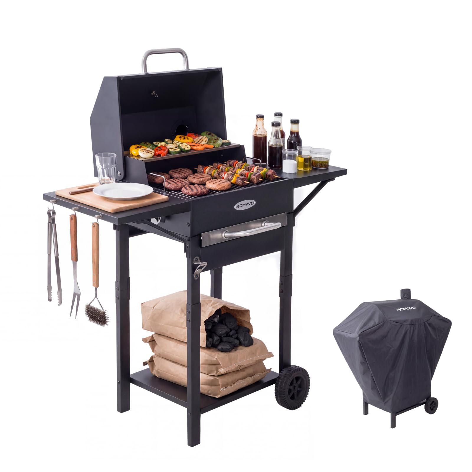 HOMAVO Barbacoa de Carbón, Parrilla con Tapa de Acero de 45×32 cm, Bandeja Ajustable en Altura, Mesa Lateral, Termómetro — view 11