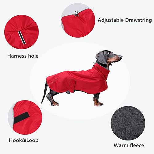 Dachshund Coats Waterproof Suitable for Dachshunds Sausage Weiner Dog Winter Coat Padded Fleece Puppy Snowsuit with Adjustable Bands Reflective Stripe - Plaid Red - M(Red,Medium)
