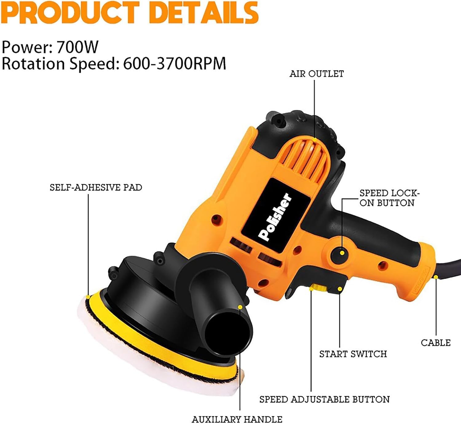 Mini lucidatrice 700 W, set di 31 lucidatrici per auto, lucidatrici eccentrici da 125 mm, smerigliatrice orbitale, velocità 600 – 3700 giri/min, per dettagli auto, barca, rimozione dei graffi
