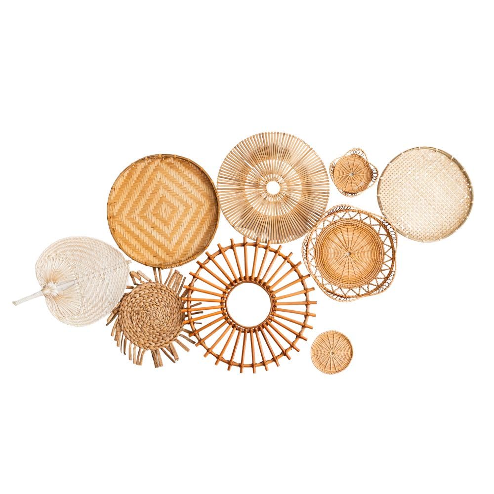 Set di 9 cestini da parete in rattan, bambù ed erba marina, decorazione da parete 3D in stile boho, per soggiorno, camera da letto e corridoio, decorazione da parete sostenibile