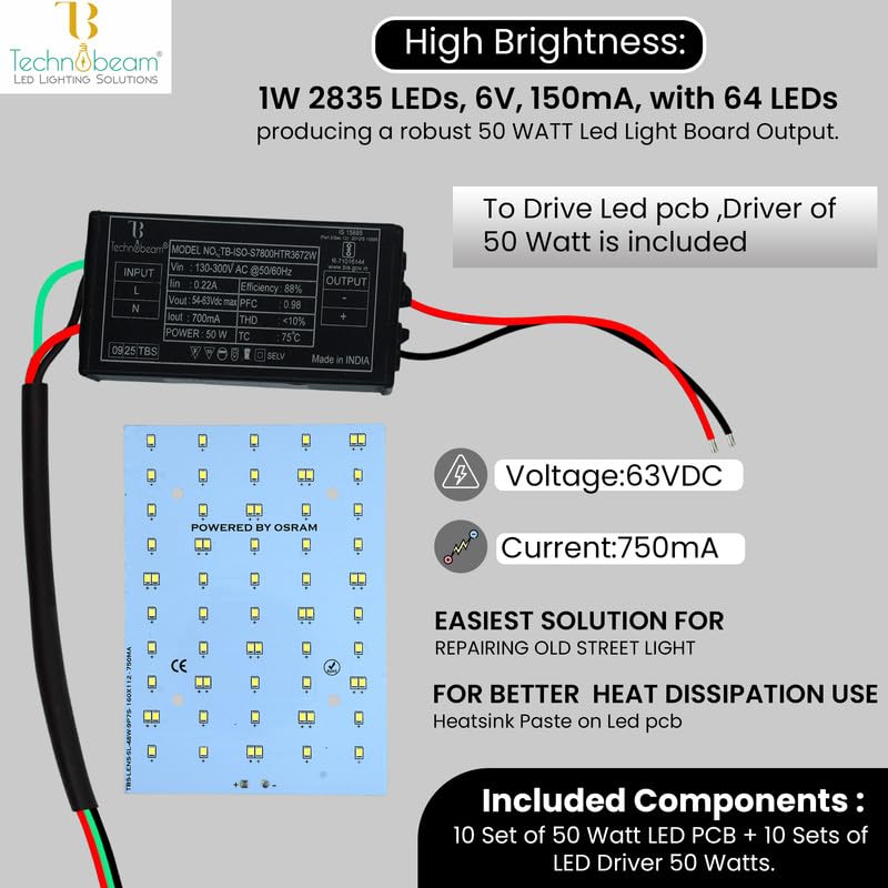 Image of Technobeam 50W LED Plate with Driver for Street Light Repair | Aluminum PCB 1.5mm | 6V 150mA LED Segments | 63V 750mA Driver Included | Durable | Ideal for Street Light Refurbishment,White, Pack of 10