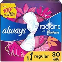 Always Radiant Feminine Pads, Size 1 Regular Absorbency with FlexFoam, Wings & Scent, 30 Ct