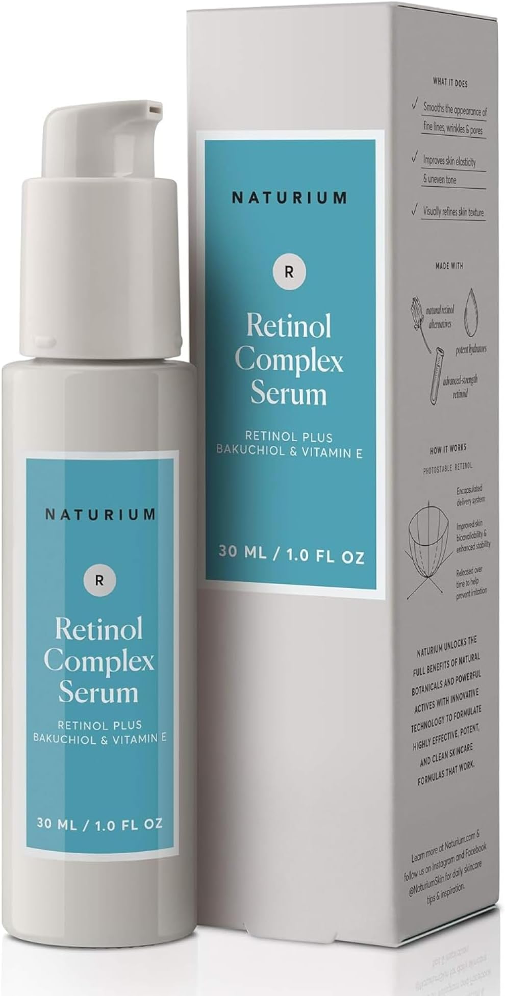 Naturium Retinol Complex Serum, Encapsulated Retinols & Bakuchiol, Refining & Smoothing Facial Serum, 1 oz