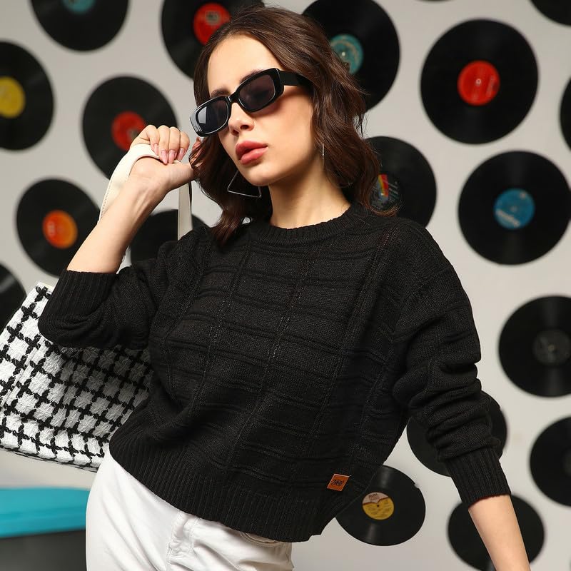 Image of PINACOLADA Women's Geometric-Textured Pullover Sweater for Casual Wear | Crew Neck | Long Sleeves | Pull On Closure | Sweater Crafted with Comfort Fit for Everyday Wear