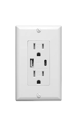 Sunlite 08154 Cargador USB y receptáculo dúplex, puertos USB-AC, CC 4.8A 5A, 15A-125VAC, estilo decorador, resistente a manipulaciones, blanco con