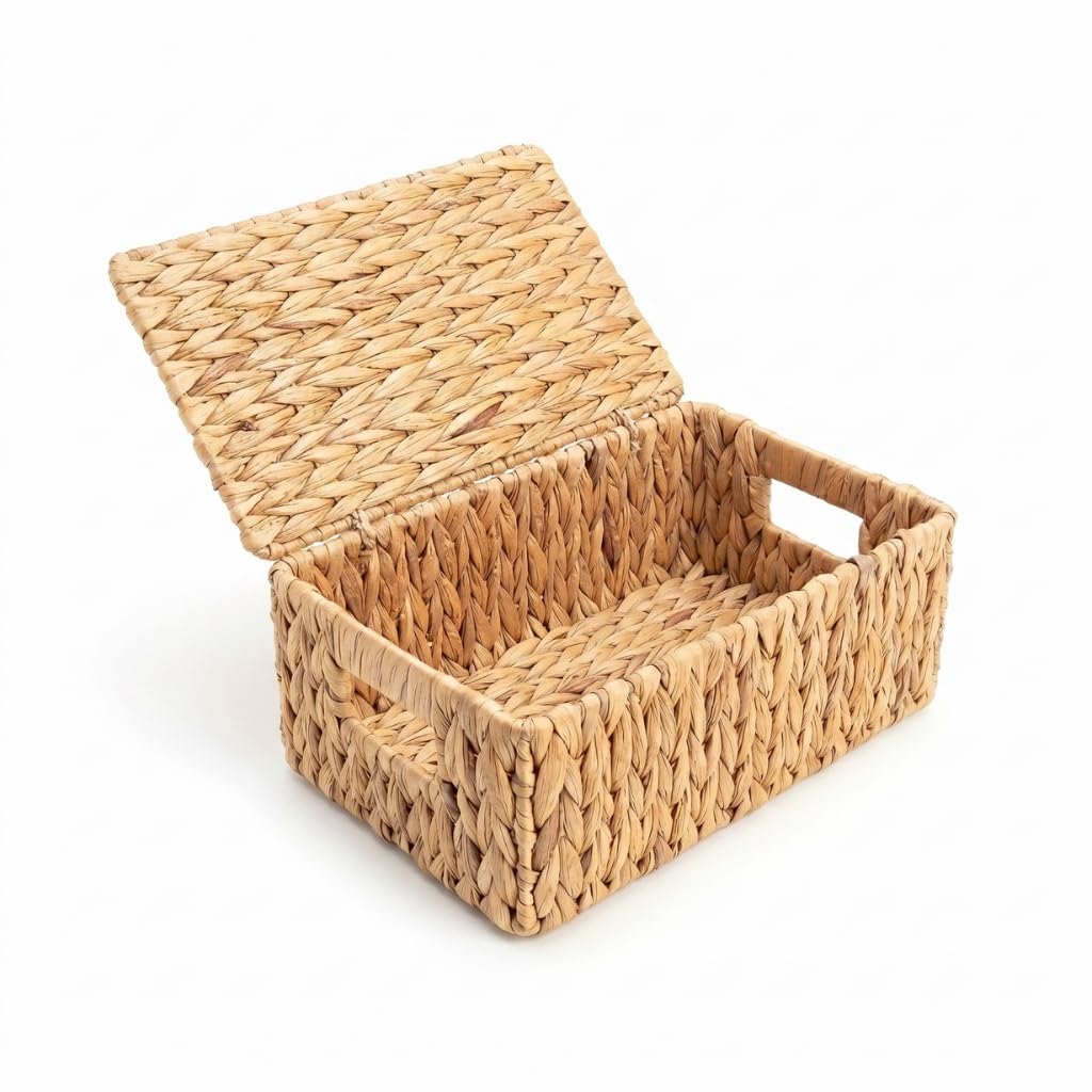 Woodluv Storage Boxes with Lids, Woven Natural Water Hyacinth,Nesting Storage Baskets for Shelves, Gift Hamper Basket | Shelf Hamper Organiser for Bathroom, Bedroom, Kitchen & Home Office, Medium