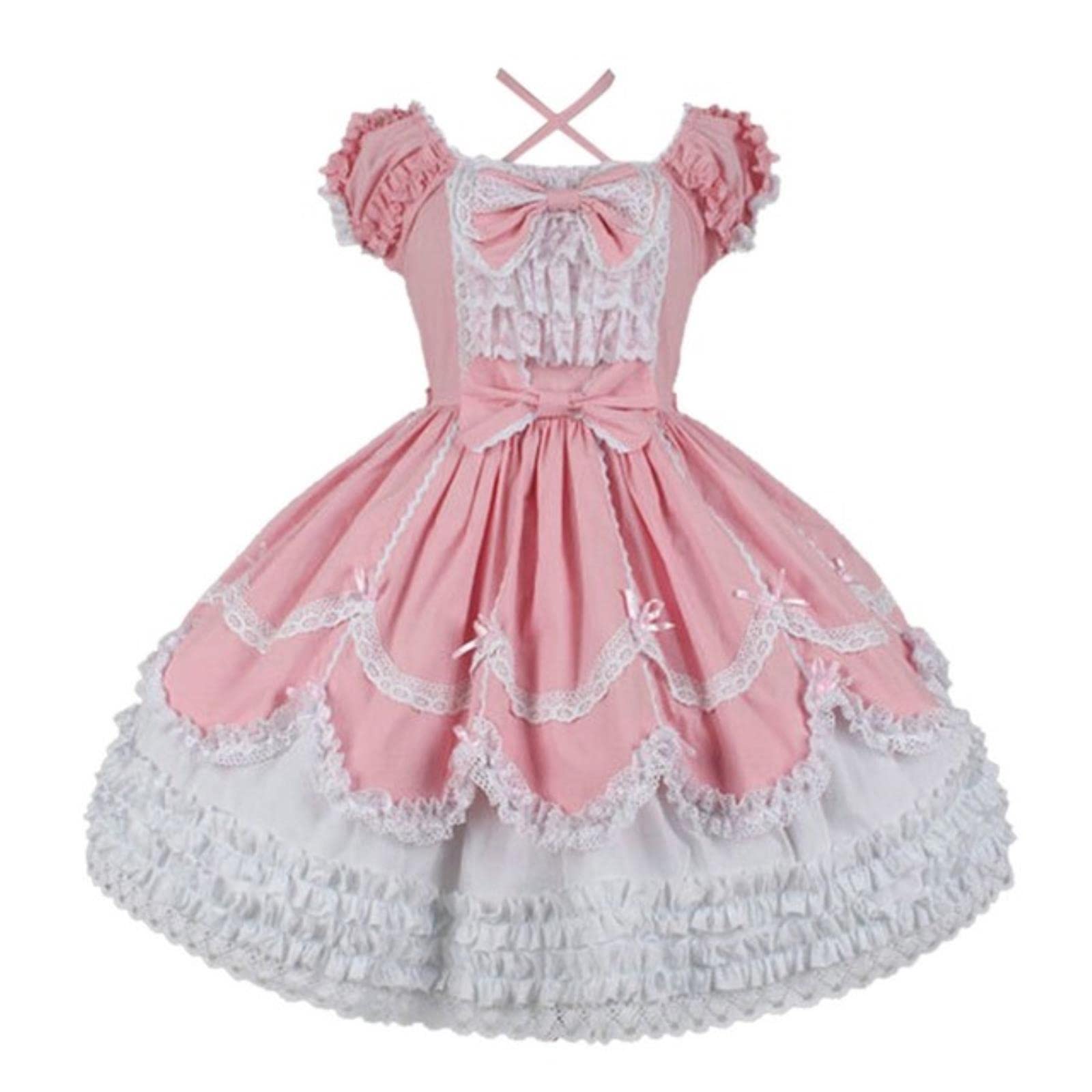Japoński styl lolita kobiety sukienka w stylu Vintage gotycka kokarda koronkowa falbana z krótkim rękawem Patchwork sukienek Cos kostium