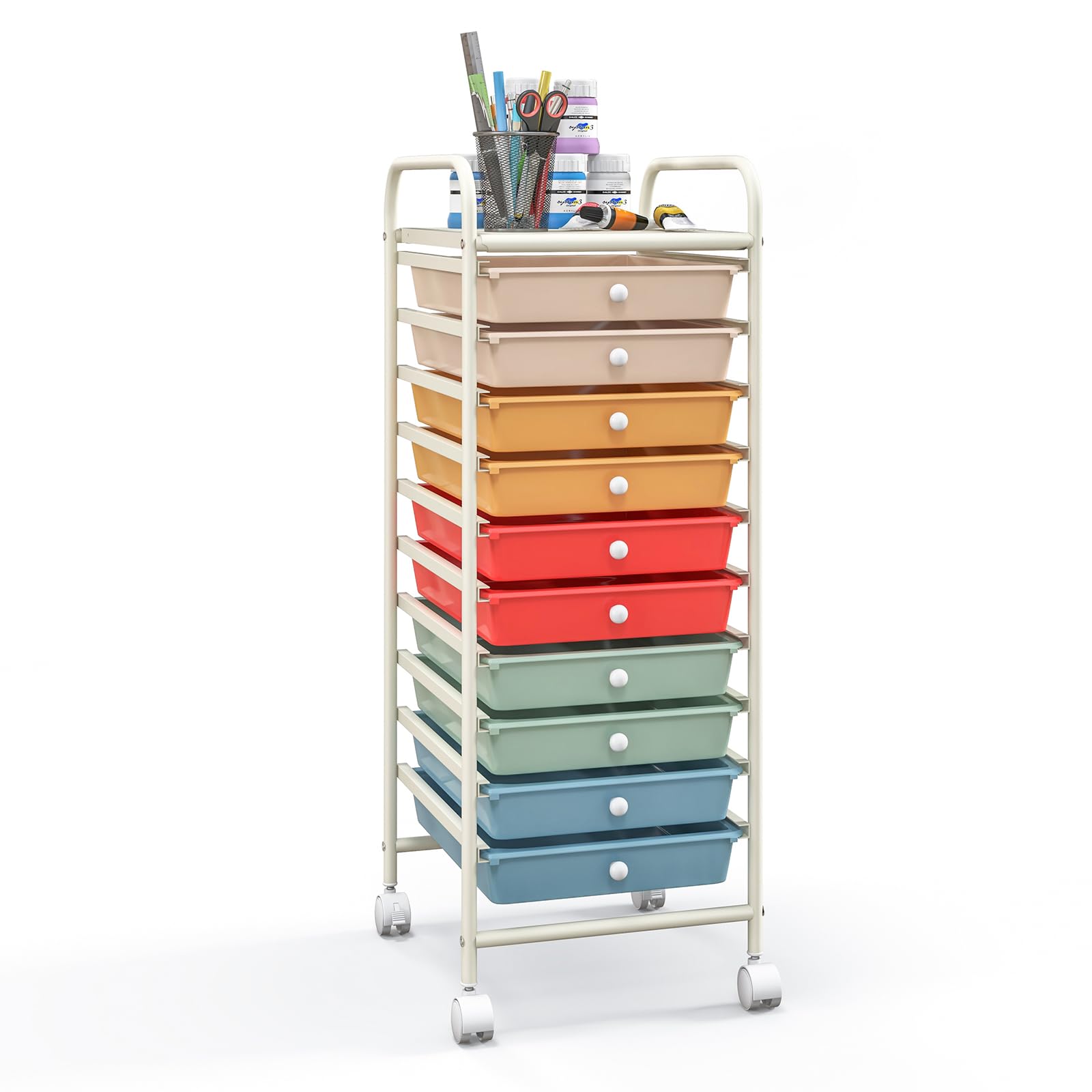 GiantexUK 10 Drawers Rolling Trolley, Multipurpose Utility Storage Organizer Cart with Wheels, Home Office Hairdressing Salon Shelving Organizer Unit (Colorful)