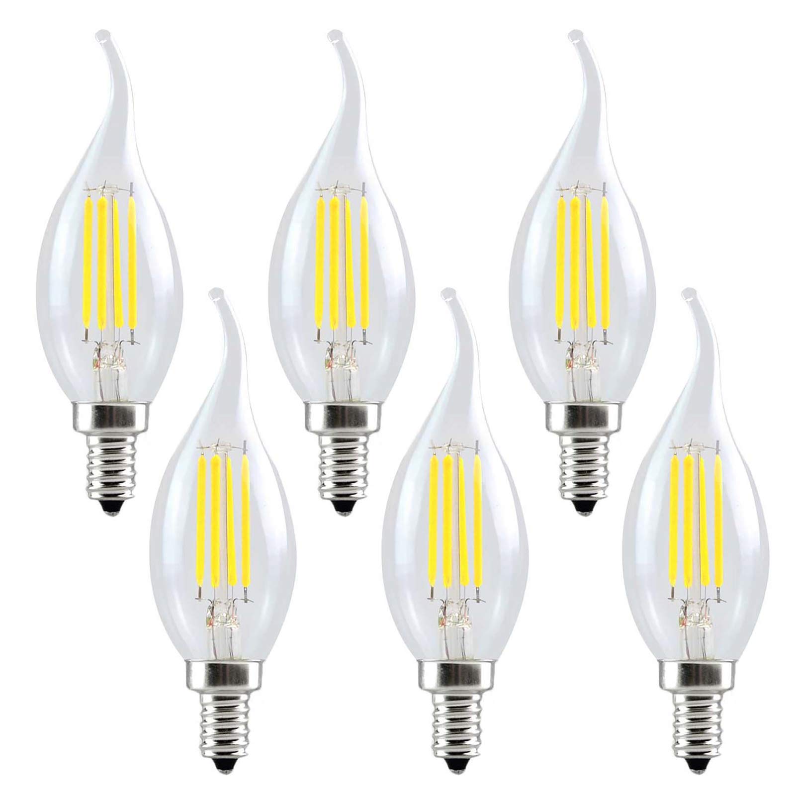 Lampadina a candela con filamento LED BASE C35 in stile europeo 4 W 400Lm Forma FIAMMA con PUNTA piegata 40 W Equivalente a incandescenza dimmerabile 6 pezzi, Bianco freddo