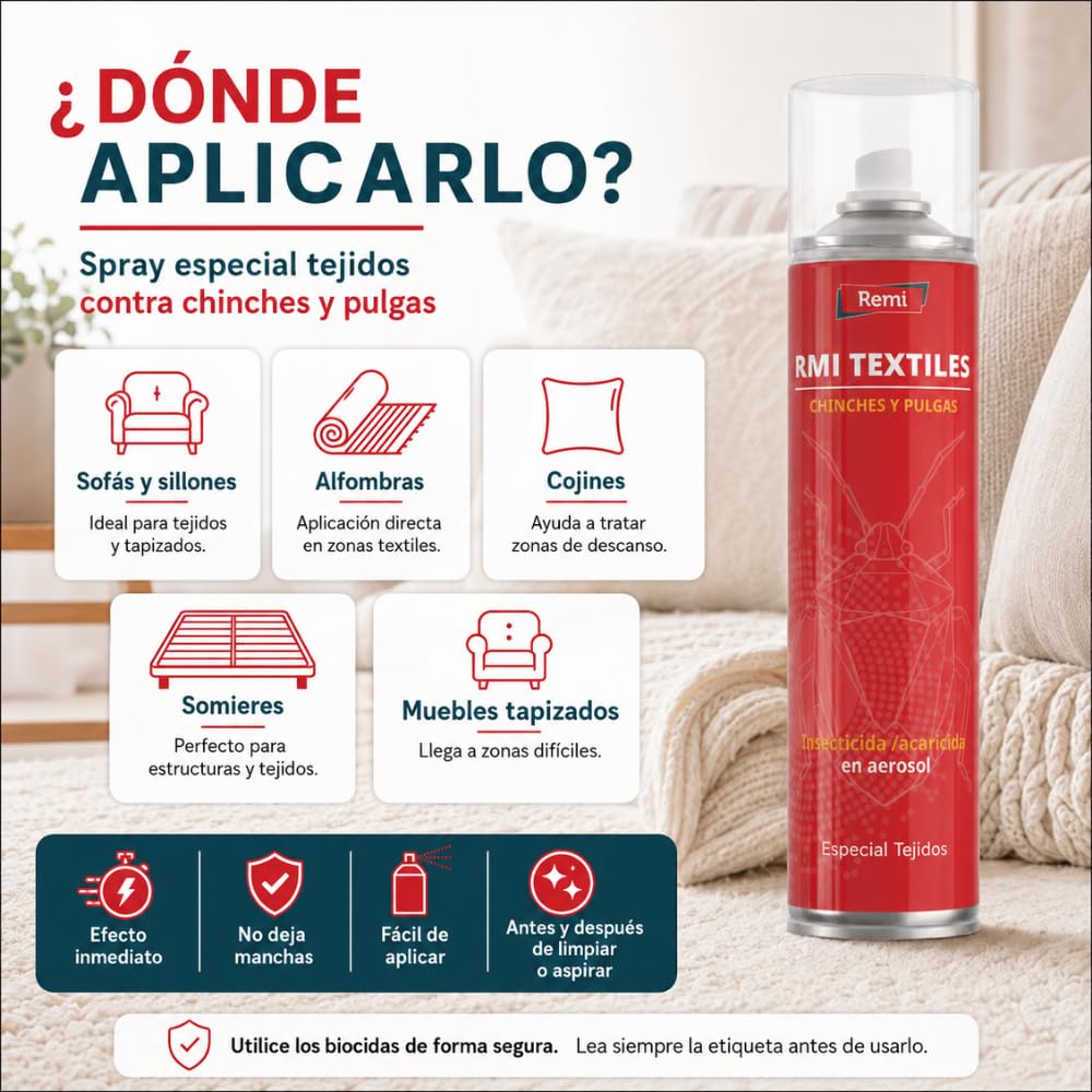 Remi Hogar Spray Anti Chinches y Pulgas Insecticida | Veneno | Aerosol Repelente Especial Tejidos | Eficaz | Aplicar en muebles