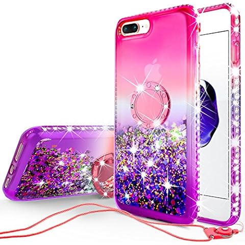 SOGA Rhinestone Liquid Floating Quicksand Cover Cute Phone Case Compatible for Apple iPhone 8 Case, iPhone 7 Case with Metal Diamond Ring for Magnetic Car Mounts and Lanyard - Purple on Pink Cover