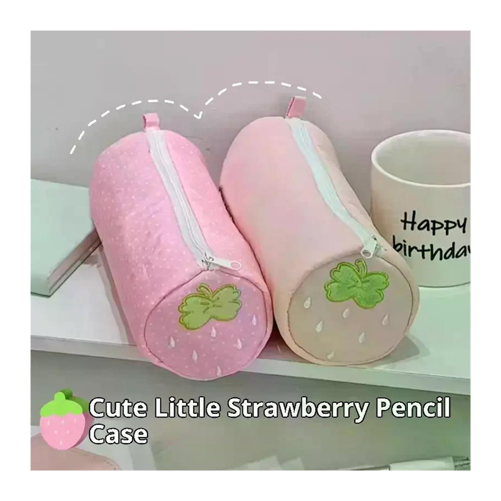 Astuccio con fragole for studenti | Rosa a pois, design color crema, grande capacità, portatile, regalo for il rientro a scuola(A1)