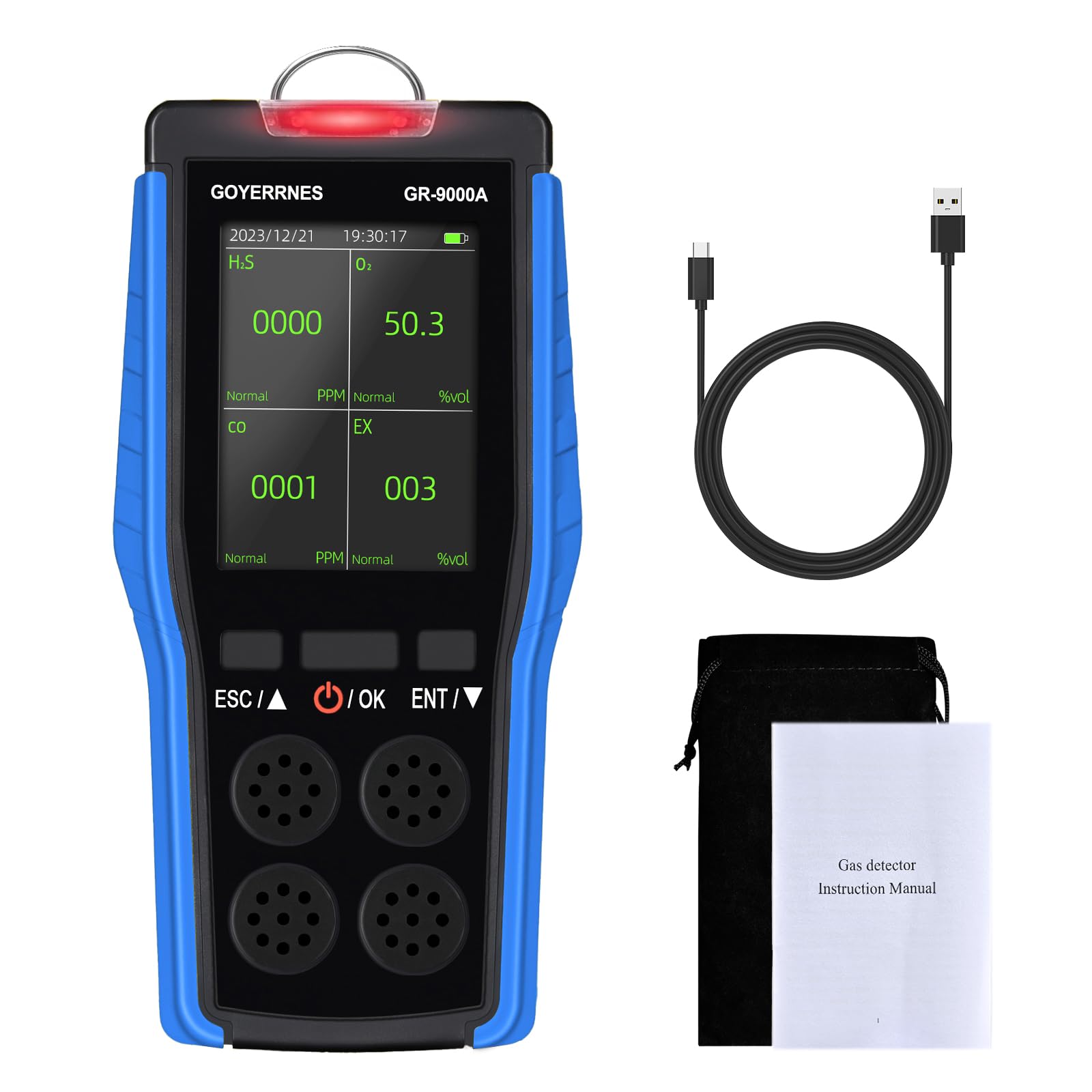 Rilevatore di gas 4 in 1 Rilevatore portatile della qualità dell'aria Ossigeno O2, idrogeno solforato H2S, monossido di carbonio CO, gas infiammabili EX Allarme Schermo LCD lampeggiante Memorizzazione