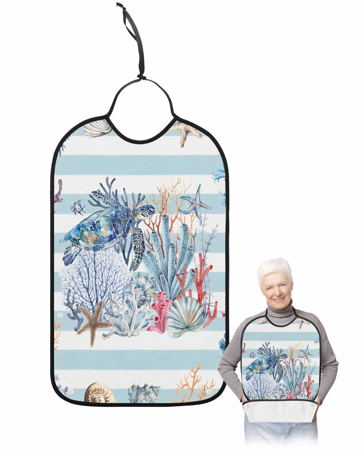 LEOKOTI Sea Turtle Coastal Adult Bibs for Eating, Waterproof Bibs with Food Catcher & Snap Closure, Summer Beach Coral Nautical Blue Striped Washable Clothing Protectors Adult Bibs for Elderly