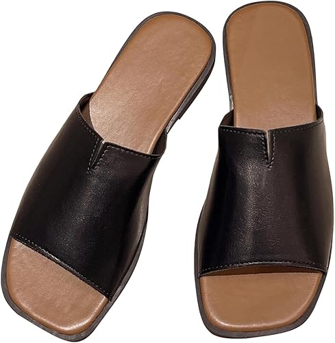 Verdusa Women's Square Toe Slit Flat Leather Sandals - Summer Slip On Vacation Shoes