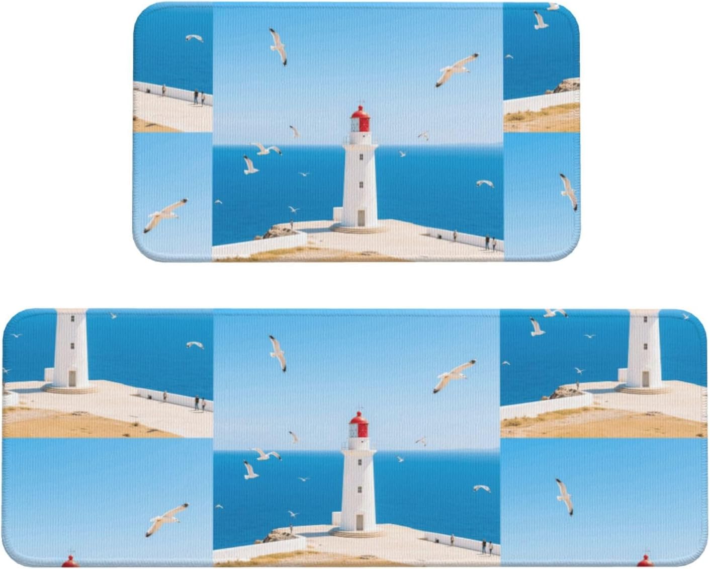 Santorini Greek Island Landscape Kitchen Rugs Set of 2, Cushioned Anti-Fatigue Kitchen Mats for Floor, Waterproof Comfort Standing Mat Absorbent Velvet Kitchen Runner Rugs 17"x30"+17"x47"