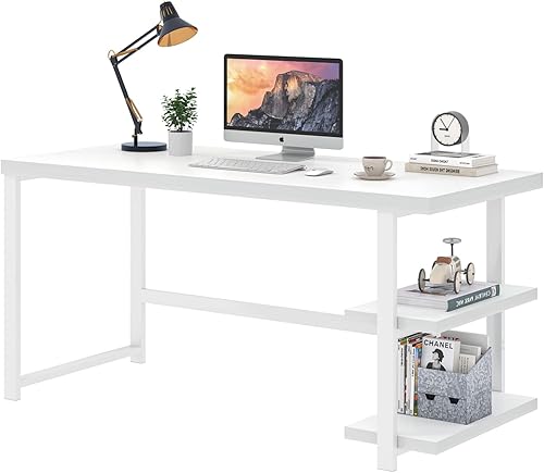 Miniatura 8 de EXCEFUR Escritorio blanco para computadora, moderno escritorio de oficina en casa con estante de almacenamiento, mesa de estudio de escritura de