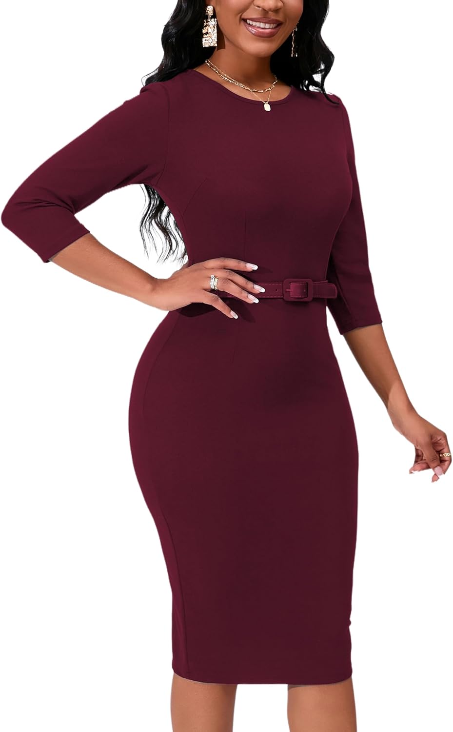Womens 1950s Vintage Bodycon Pencil Midi Dress 3/4 Sleeve Work Church Knee Length Sheath Dress with Belt Belt - Image 3