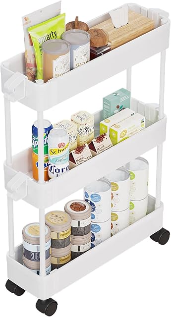 JIUYOTREE 3-Tier Slim Storage Trolley with Rolling Wheels, Standing Shelf Unit Organizer for Kitchen Bathroom Laundry Room and Narrow Places,White