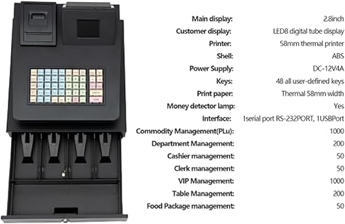 Miniatura 9 de Pequeña caja registradora electrónica de 48 llaves con cajón, caja registradora sin llave, impresión térmica rápida y silenciosa, pantalla de doble