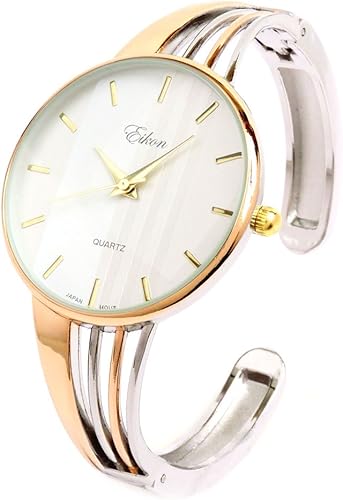 2Tone rosa plata cadena estilo de banda Lujo Mujer Bangle Cuff Watch