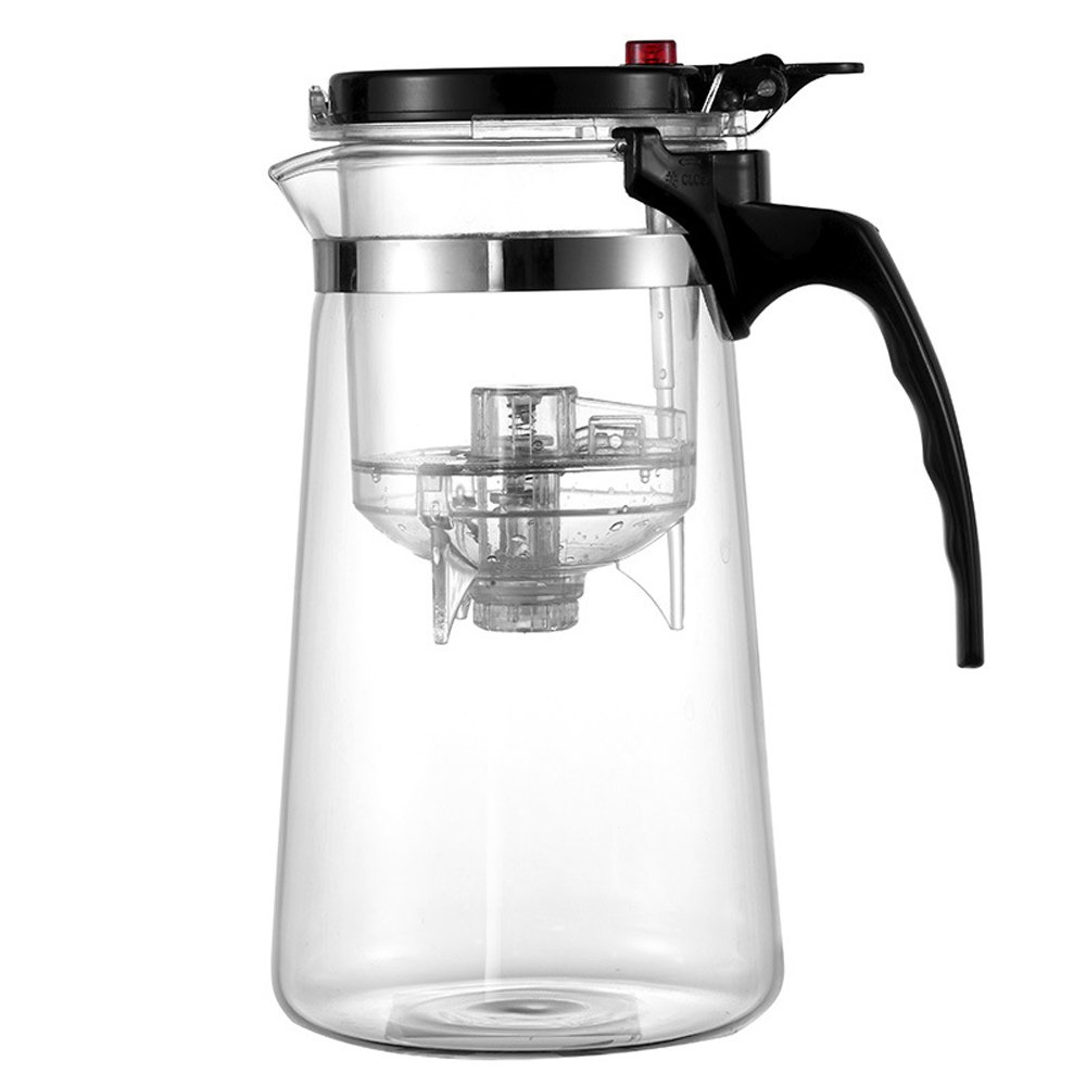 TAMUME 950ML Easy-to-Filter Glass Teapot Tea Brewer with PC Plastic Tea Strainer, One-Button to Filter Tea (950ML)