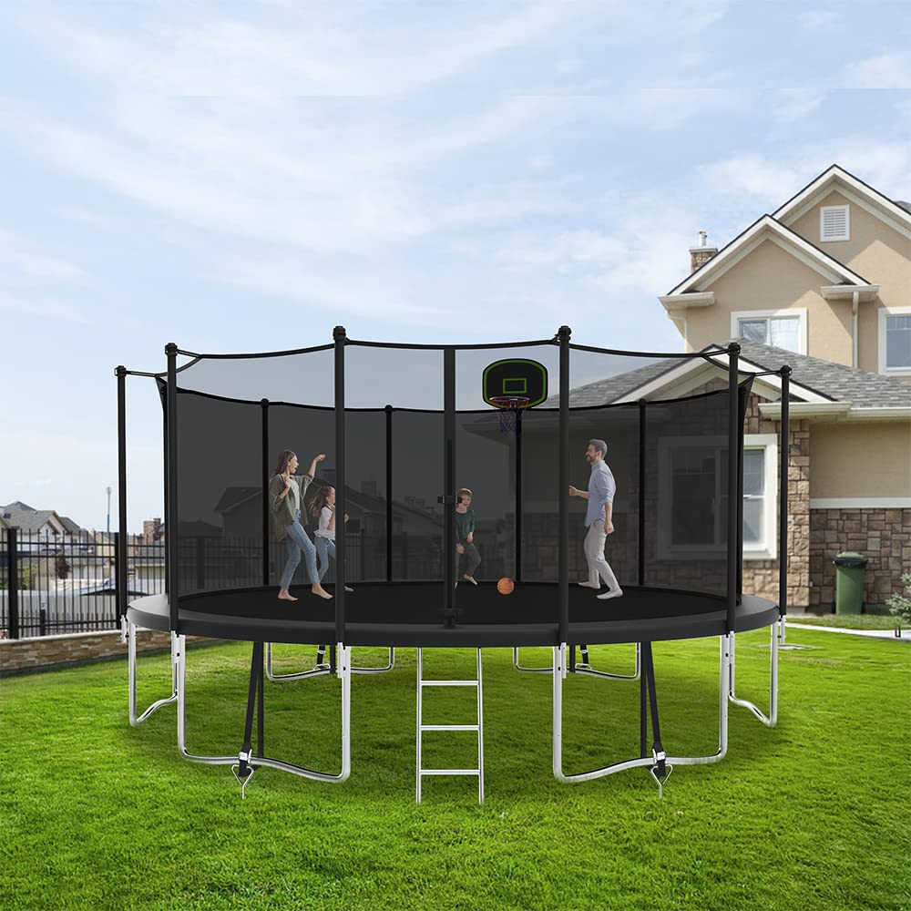 CITYLE 1500LBS Tranpoline for Adults/Kids with Safety Enclosure Net, Basketball Hoop, Ball, Wind Stakes and Ladder, Heavy Duty Outdoor Recreational Tranpolines for Family