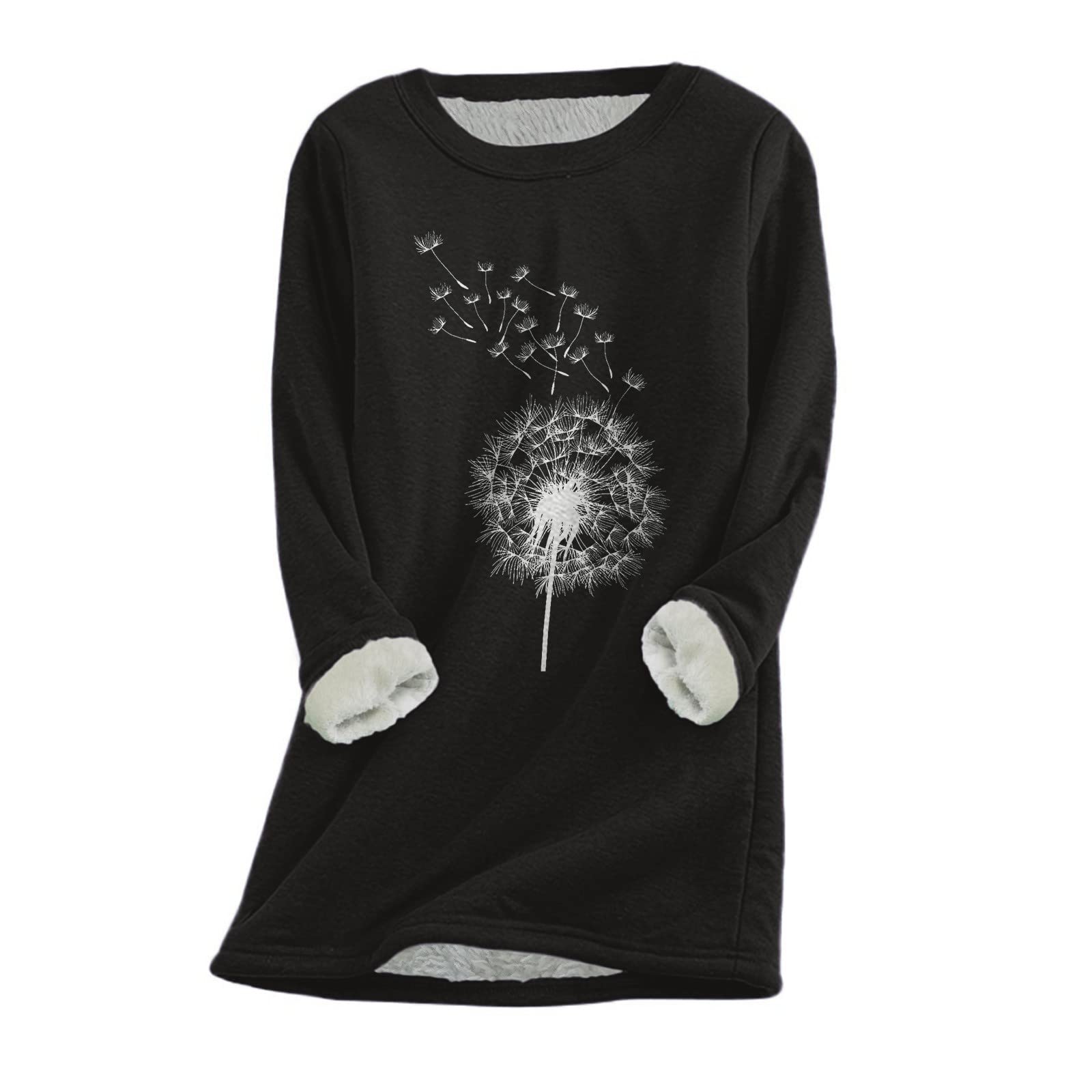 Womens Fall Winter Warm Thick Fleece Shirts, Long Sleeve Crewneck T Shirt - Wool Velvet Tee Thermal Underwear Tops B-Black