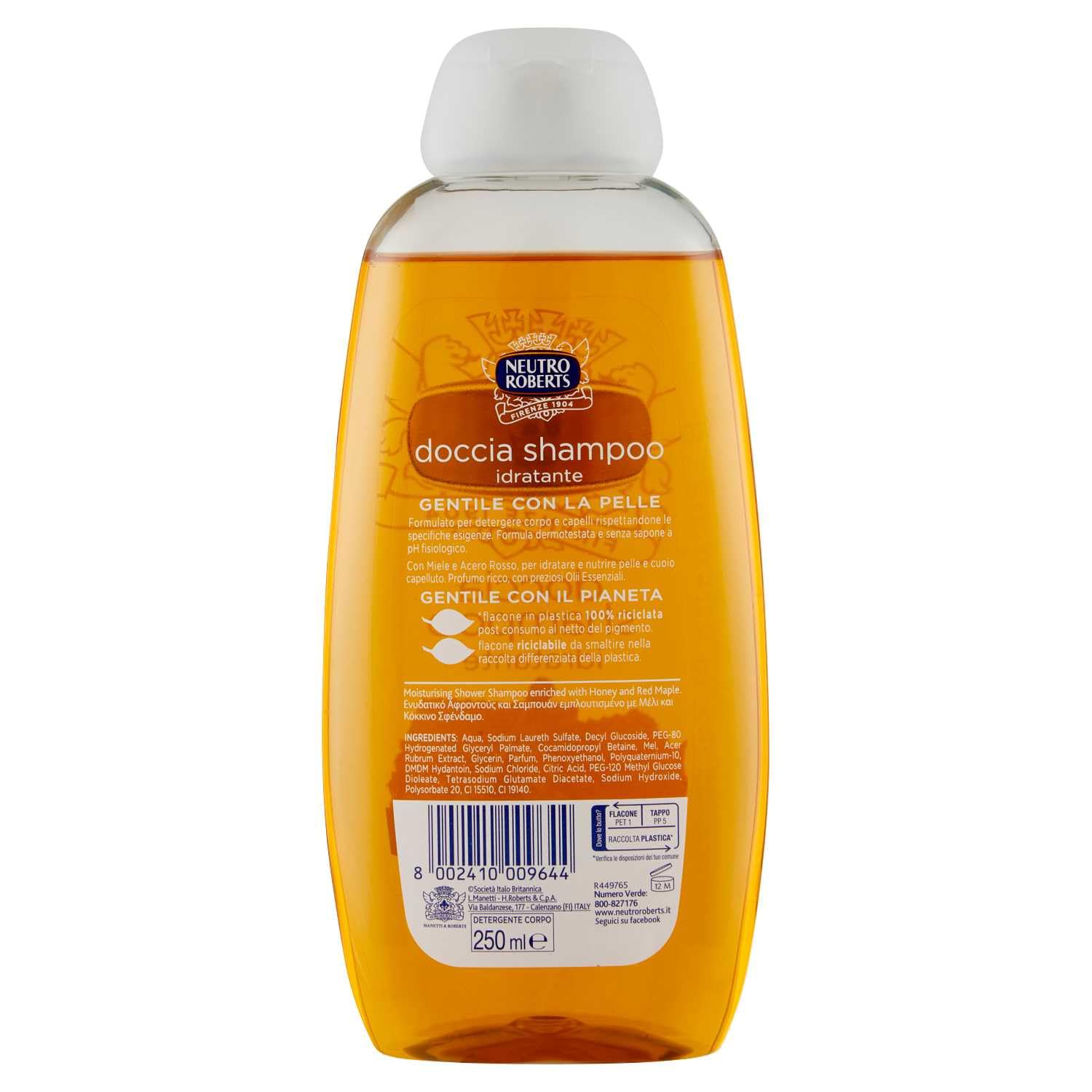 12 X Neutro Roberts Doccia Shampoo Idratante – Shampoo doccia con miele e acero rosso, eccellente per la pulizia di corpo e capelli, 250 ml + portachiavi Beni Culinari