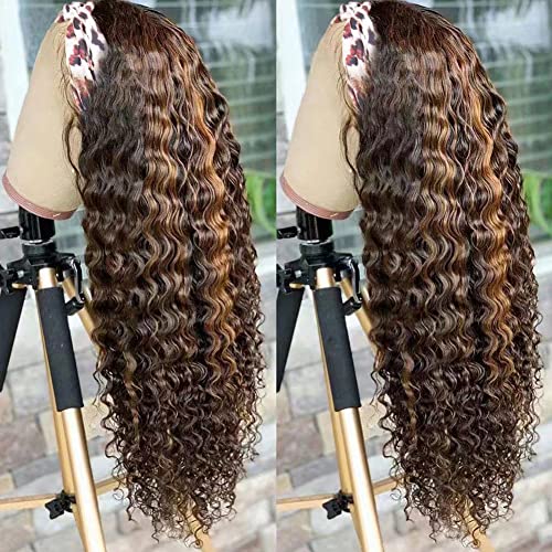 Image of XSY Highlight Ombre Headband Wig Human Hair 18 Inch Deep Wave Human Hair Wigs for Black Women #4 /27 Glueless None Lace Front Wigs Brazilian Virgin Curly Headband Wig150% Density