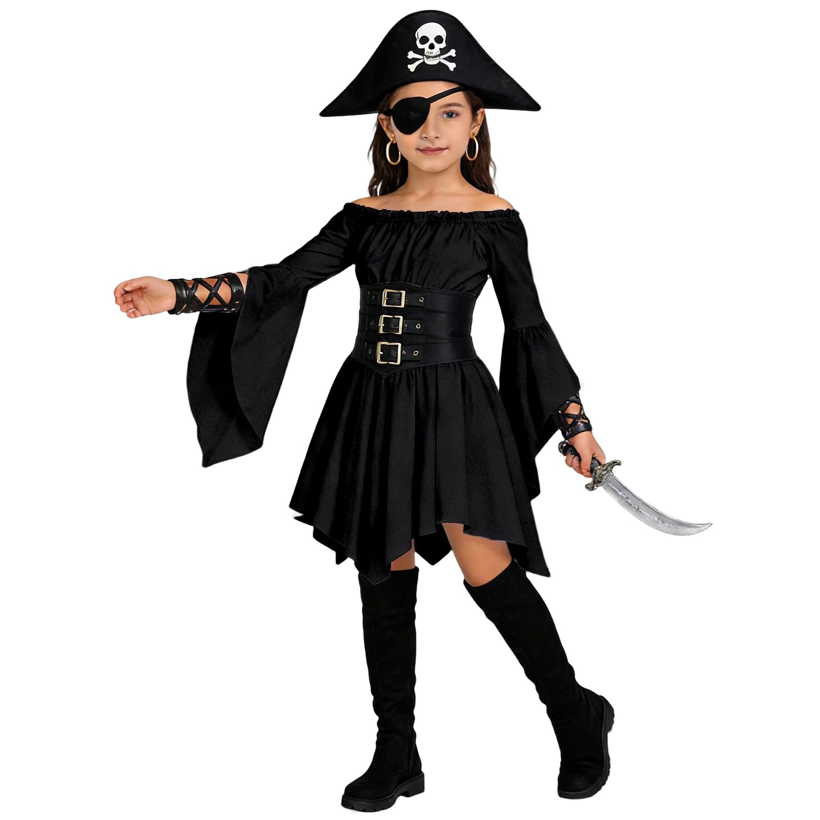 Générique Girls Gothic Pirate Dress Flare Sleeve Ruffle Off Shoulder Medieval Victorian Corset Top Cosplay - 2